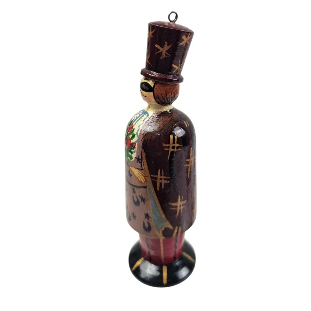Vtg Russian Hand Painted Wooden Magician Figurine Top Hat Stars Roses Ornament